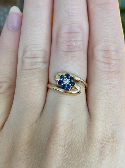 Solid 14k Yellow Gold Diamond Blue Sapphire Halo Ring - Size 5.75