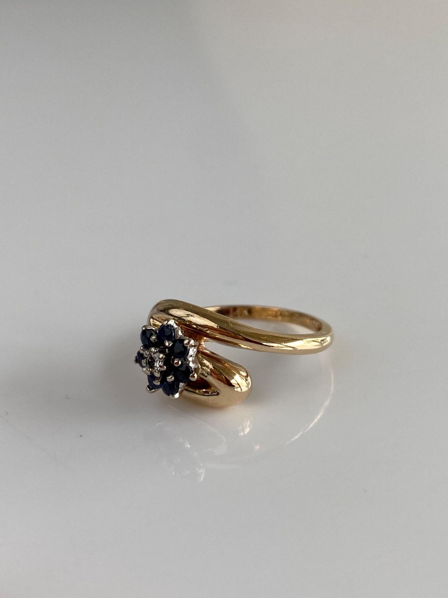 Solid 14k Yellow Gold Diamond Blue Sapphire Halo Ring - Size 5.75