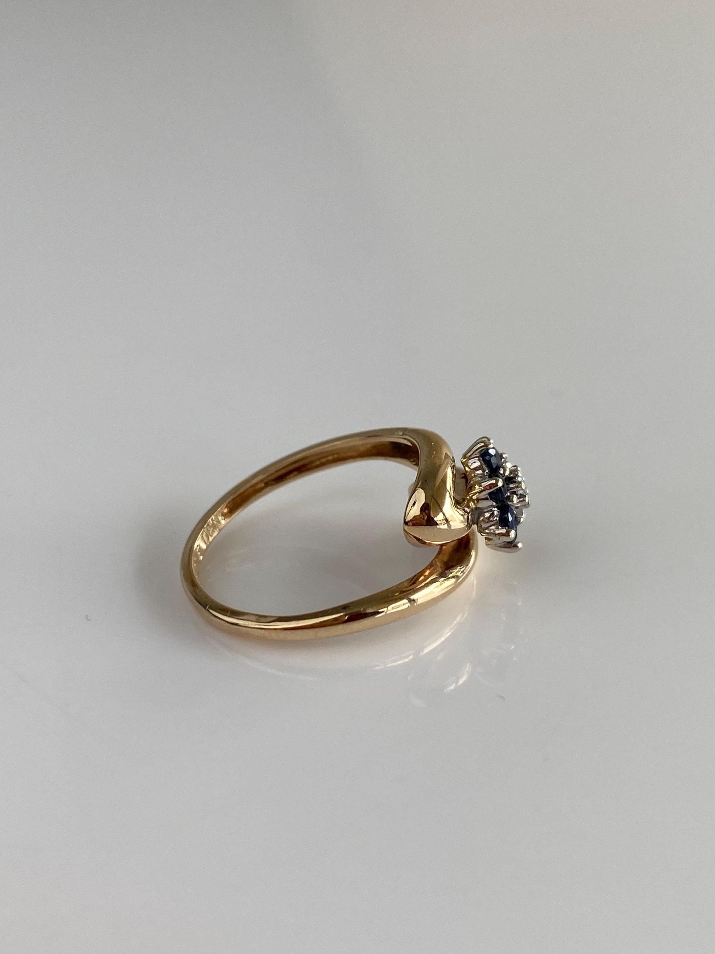 Solid 14k Yellow Gold Diamond Blue Sapphire Halo Ring - Size 5.75