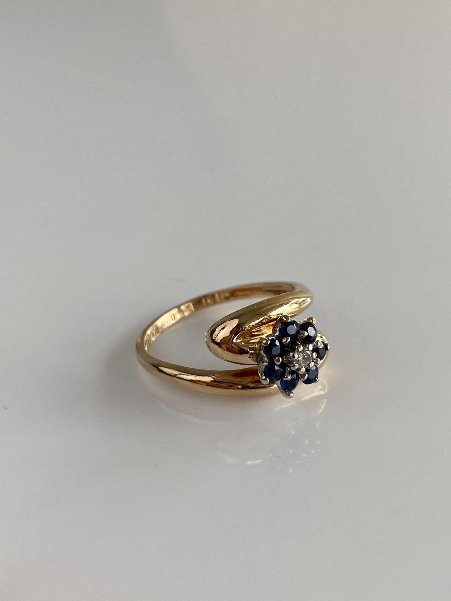Solid 14k Yellow Gold Diamond Blue Sapphire Halo Ring - Size 5.75