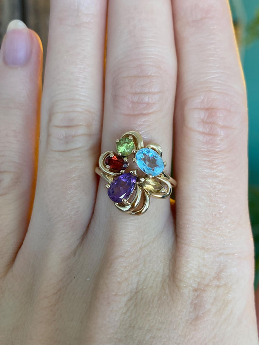 Vintage Solid 14k Yellow Gold Amethyst Topaz Citrine Peridot Garnet Ring - Size 6.75