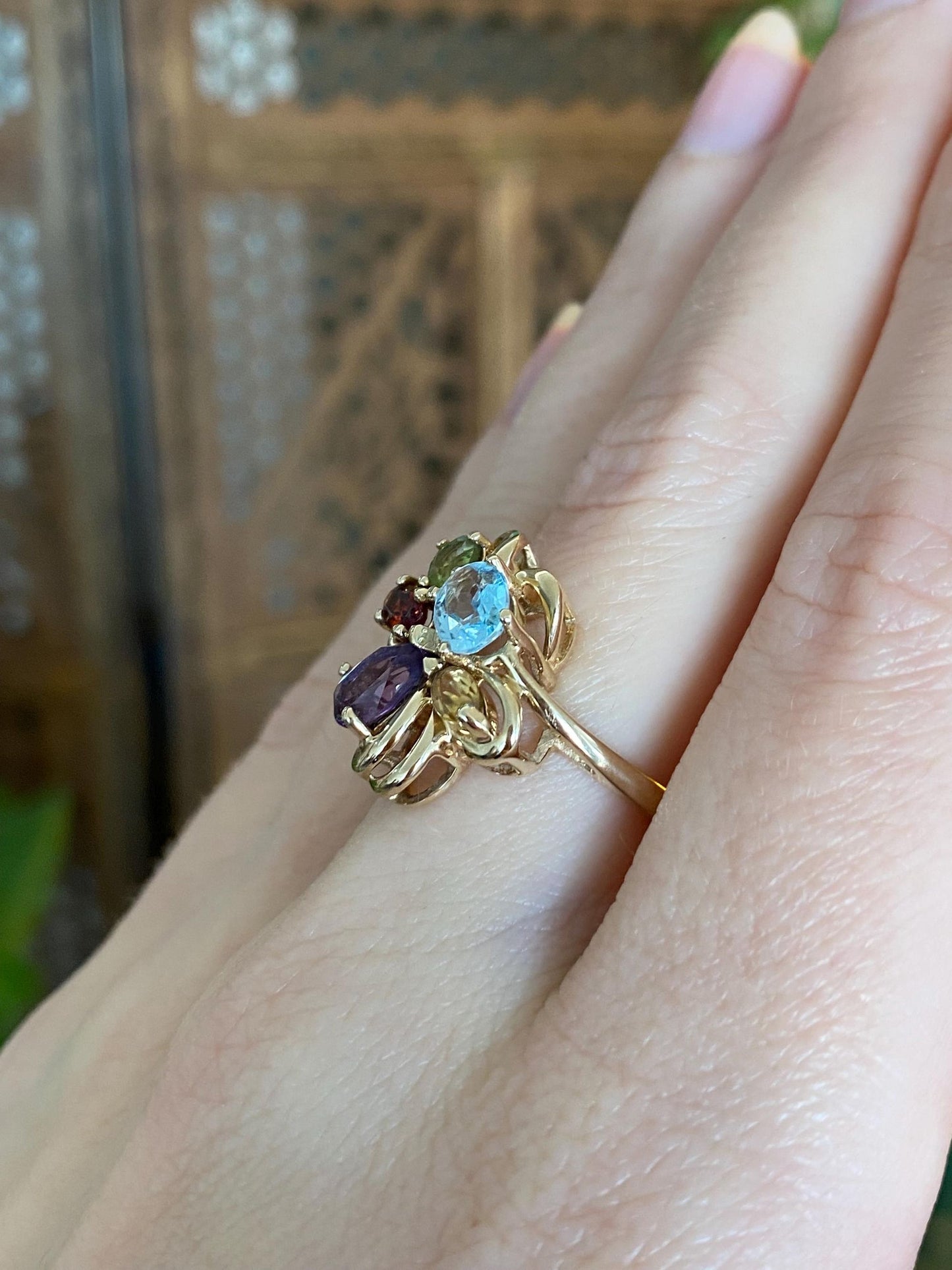 Vintage Solid 14k Yellow Gold Amethyst Topaz Citrine Peridot Garnet Ring - Size 6.75