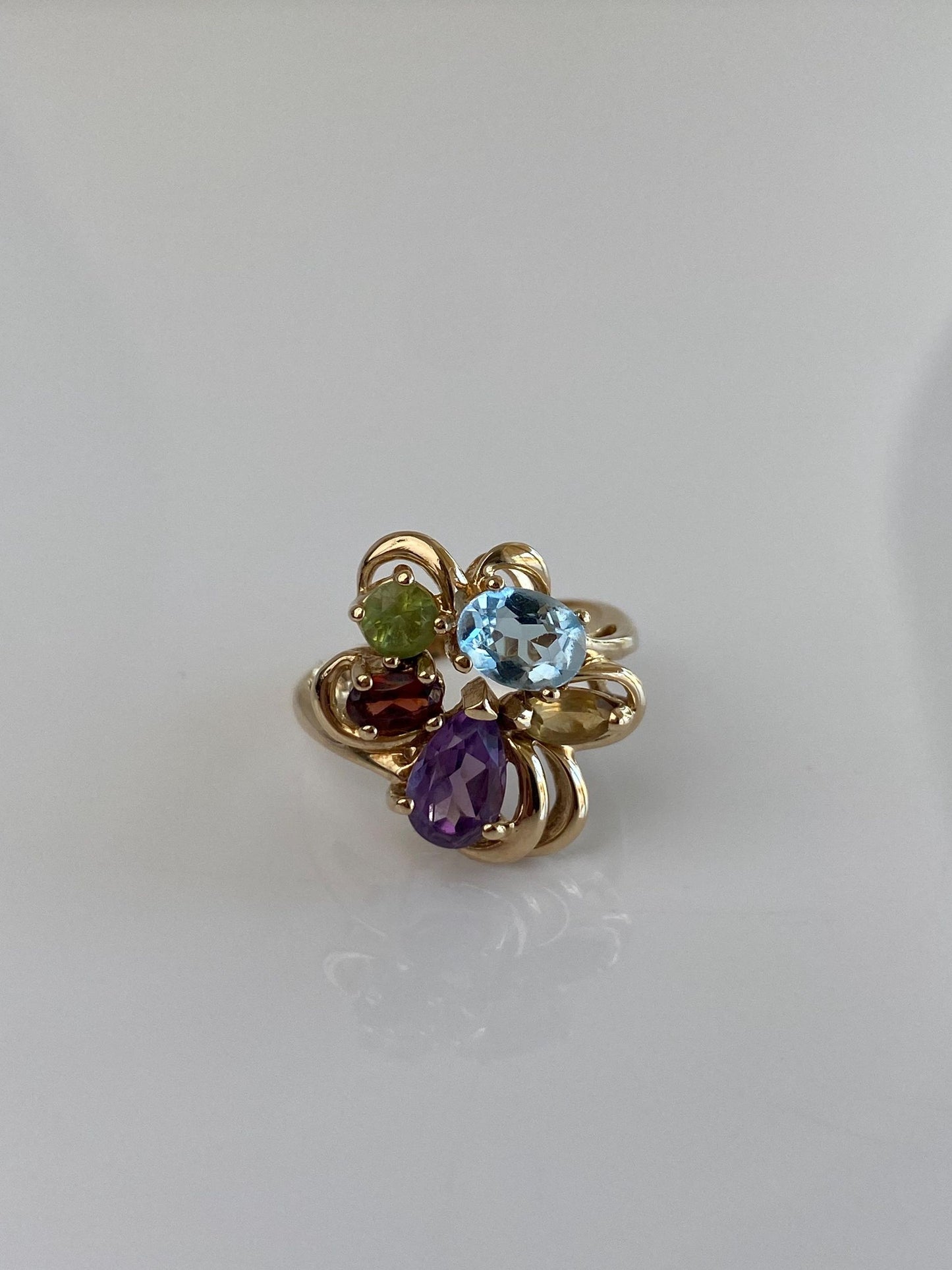 Vintage Solid 14k Yellow Gold Amethyst Topaz Citrine Peridot Garnet Ring - Size 6.75