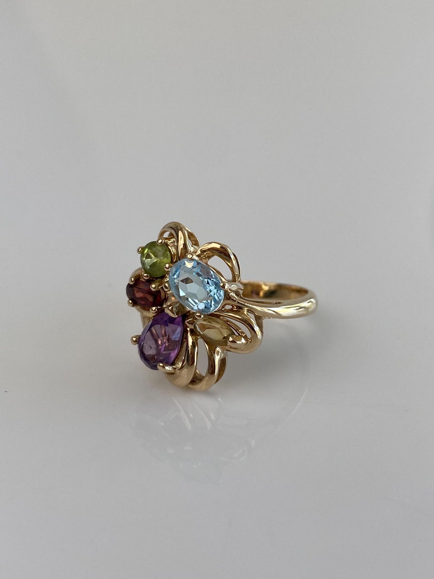 Vintage Solid 14k Yellow Gold Amethyst Topaz Citrine Peridot Garnet Ring - Size 6.75