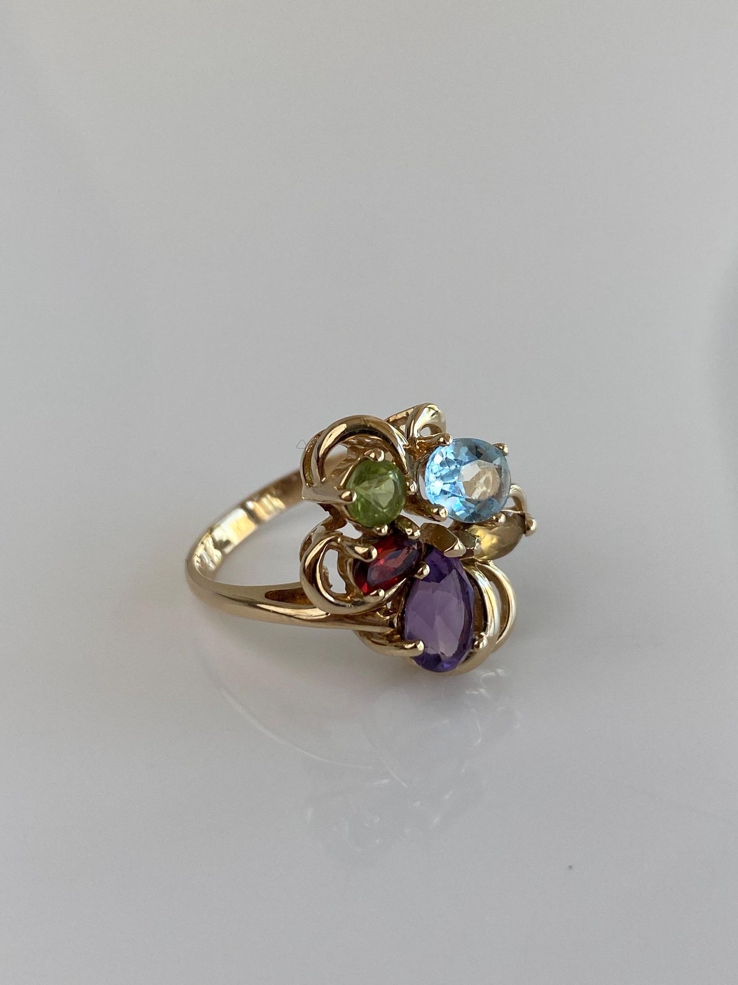 Vintage Solid 14k Yellow Gold Amethyst Topaz Citrine Peridot Garnet Ring - Size 6.75