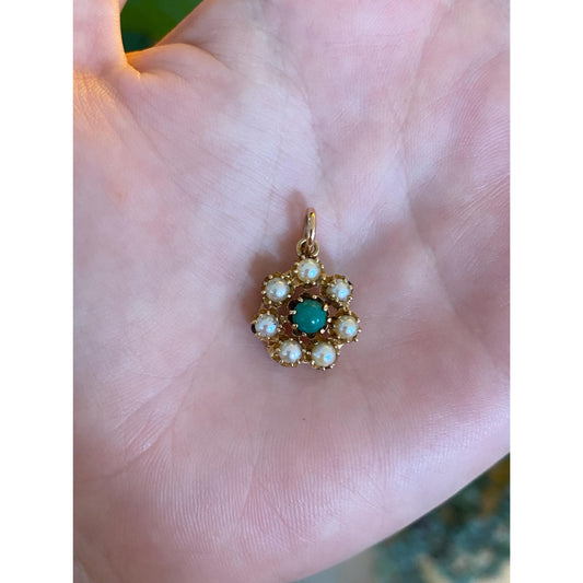 Vintage Solid 14k Yellow Gold Green Stone Pearl Halo Charm