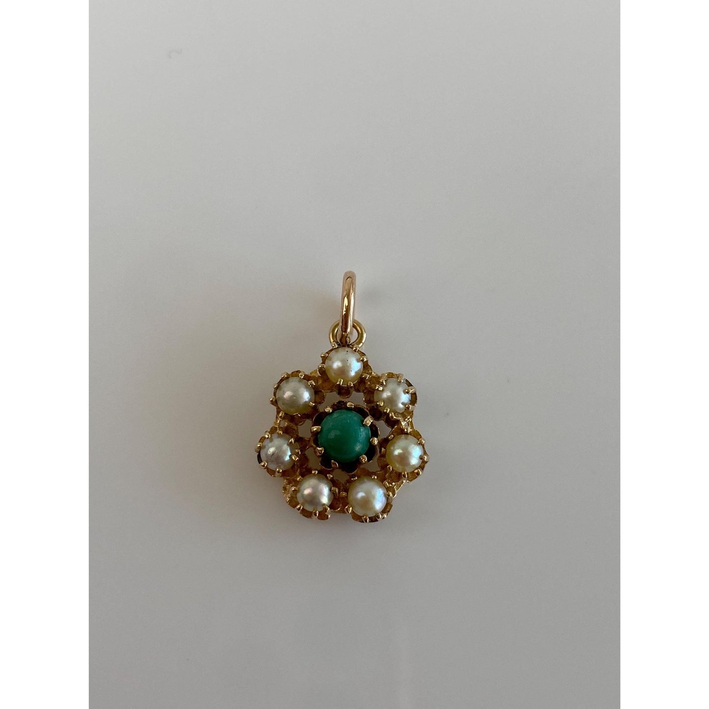 Vintage Solid 14k Yellow Gold Green Stone Pearl Halo Charm