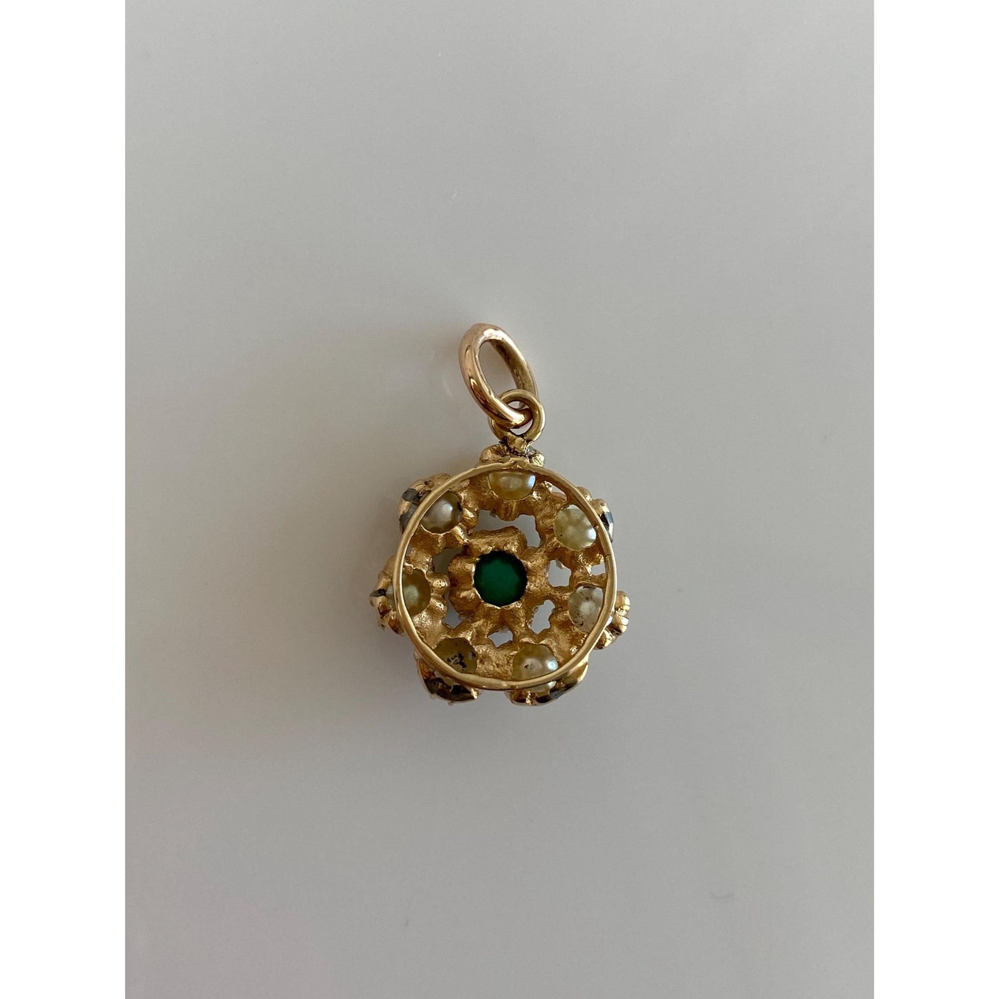 Vintage Solid 14k Yellow Gold Green Stone Pearl Halo Charm