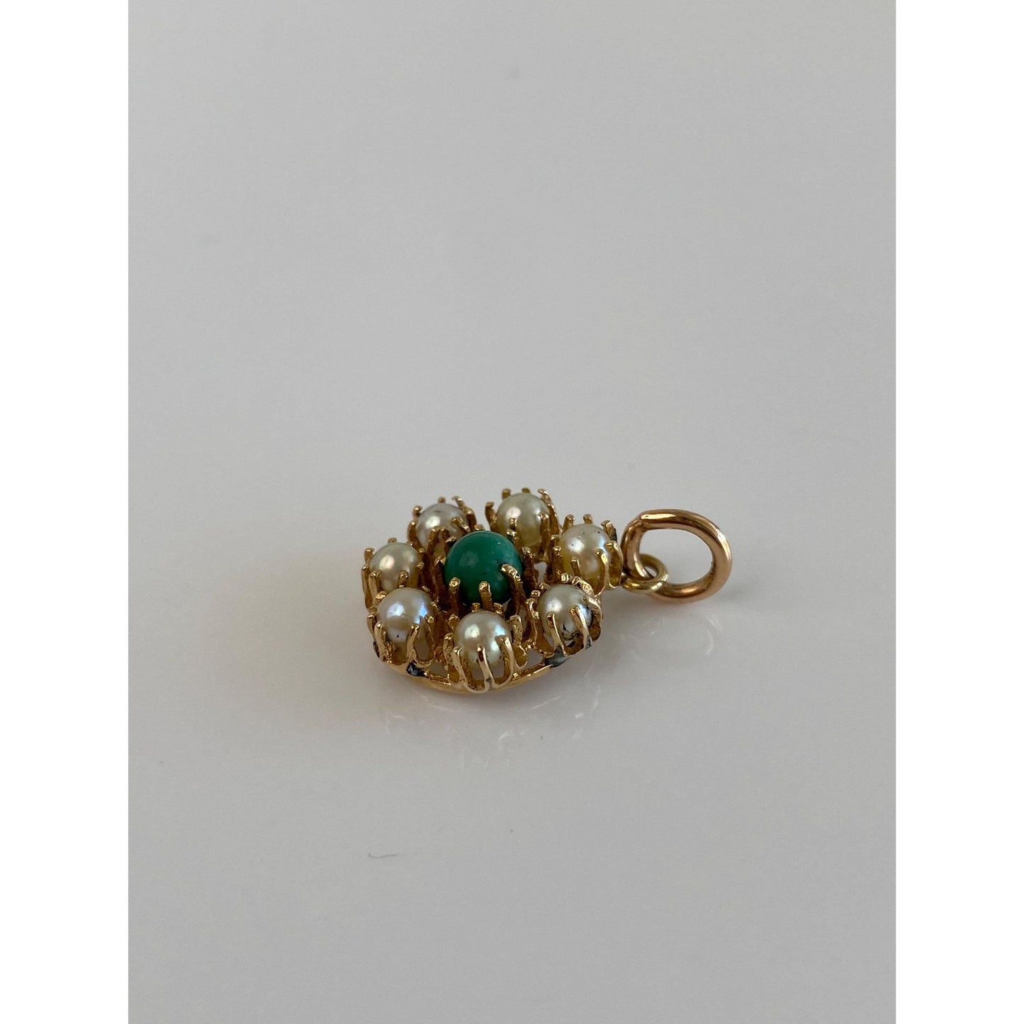 Vintage Solid 14k Yellow Gold Green Stone Pearl Halo Charm