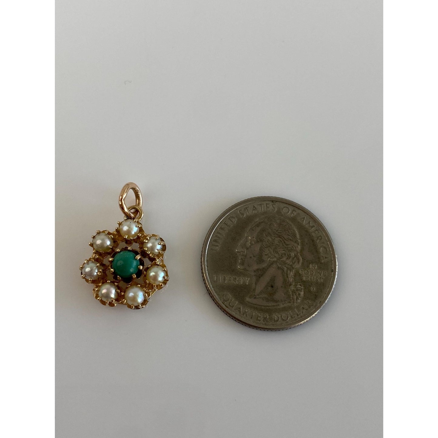 Vintage Solid 14k Yellow Gold Green Stone Pearl Halo Charm