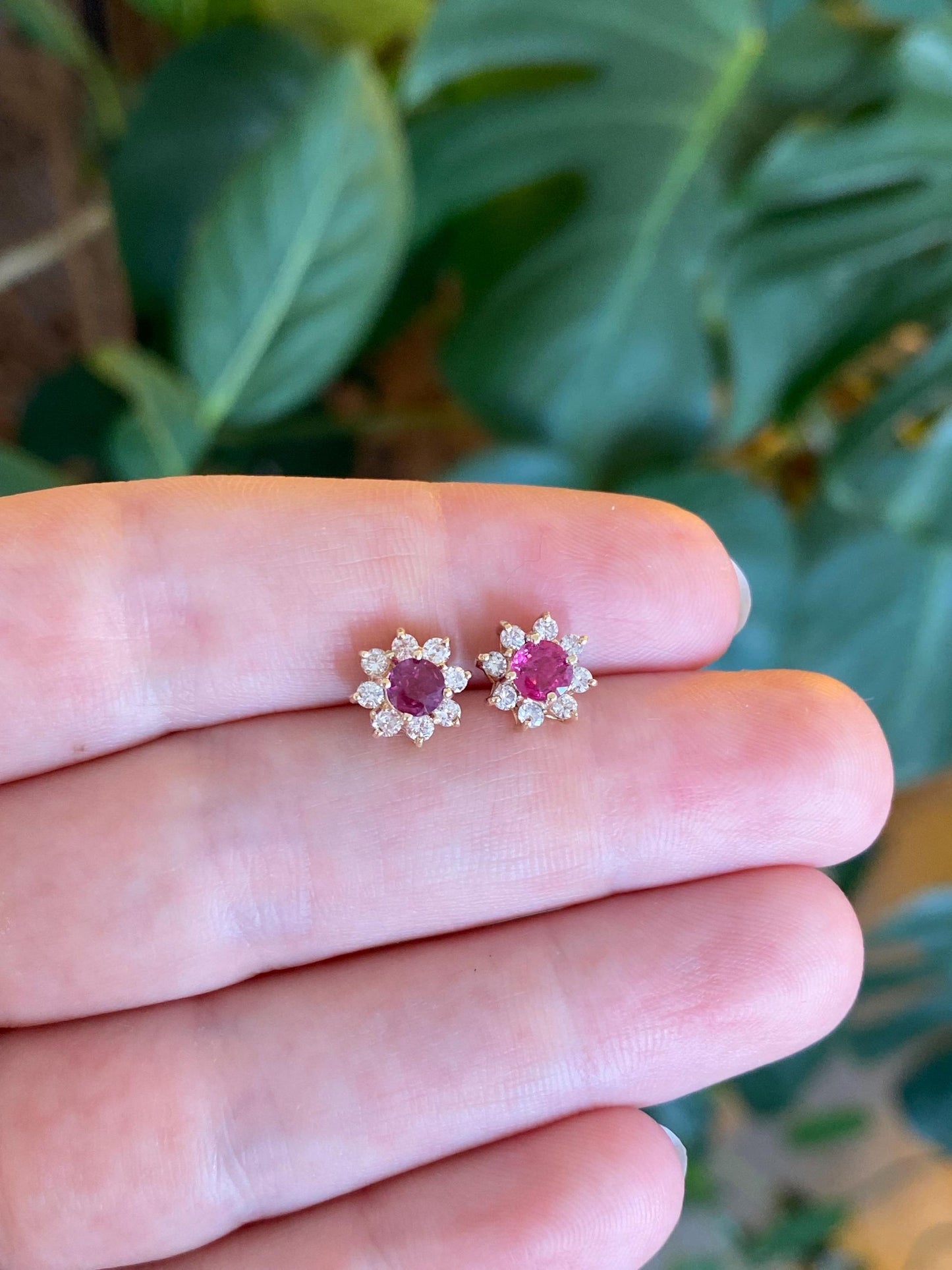 Vintage Solid 14k Yellow Gold Diamond Halo Pink Sapphire Stud Earrings
