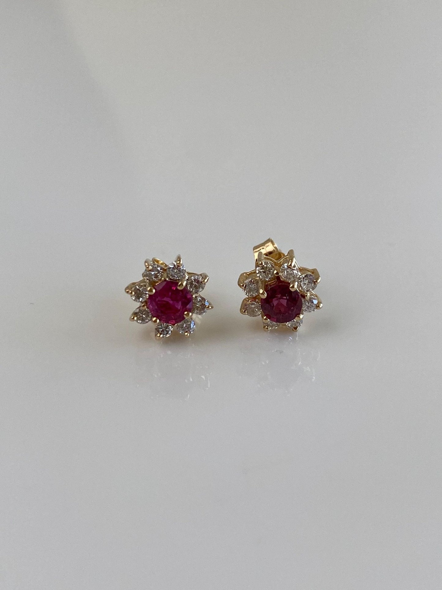 Vintage Solid 14k Yellow Gold Diamond Halo Pink Sapphire Stud Earrings