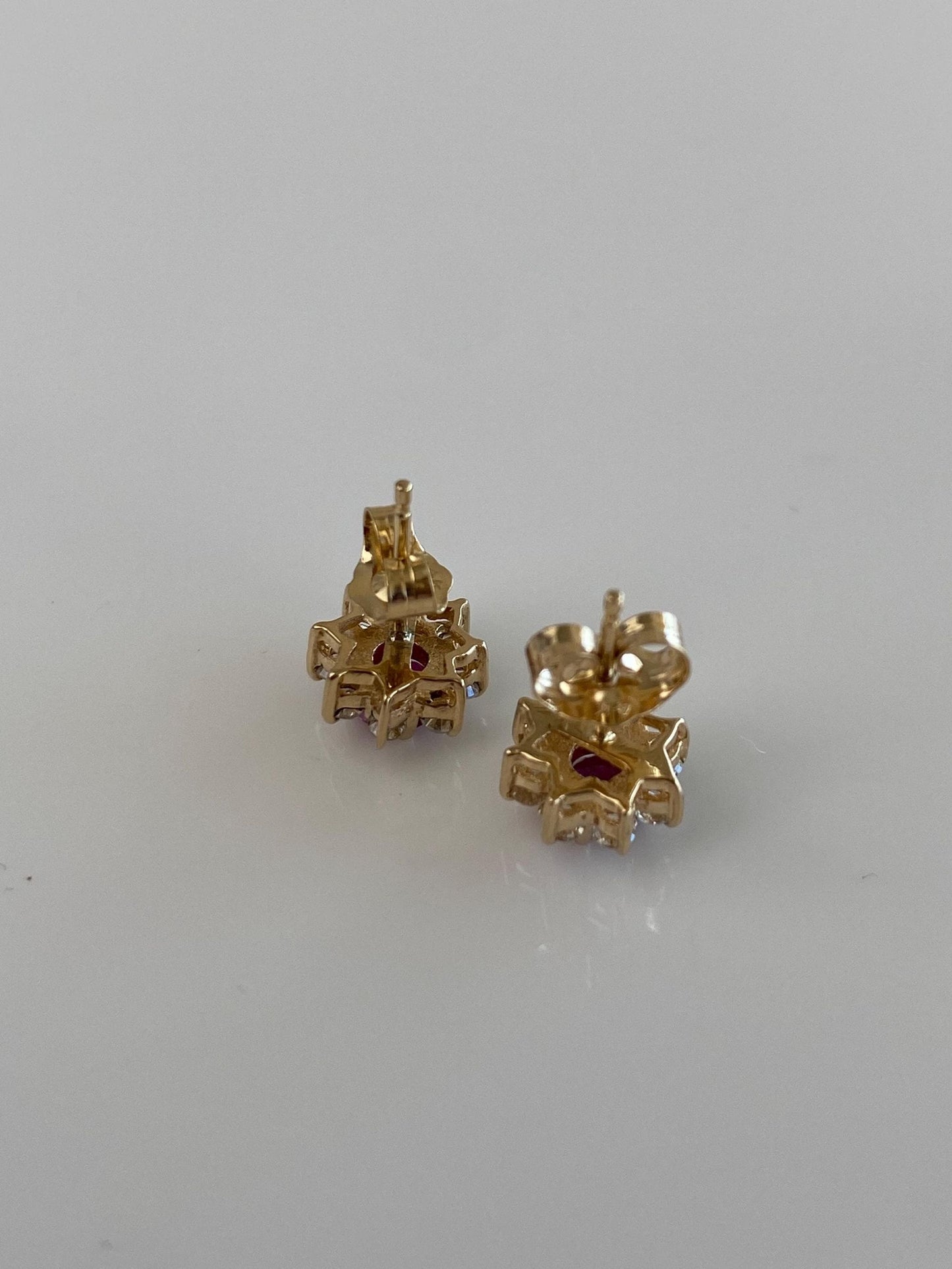 Vintage Solid 14k Yellow Gold Diamond Halo Pink Sapphire Stud Earrings