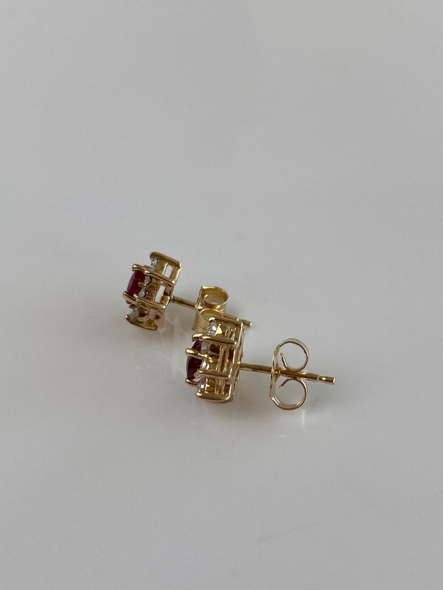 Vintage Solid 14k Yellow Gold Diamond Halo Pink Sapphire Stud Earrings