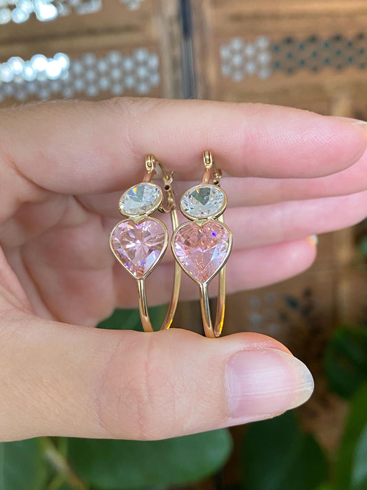 Vintage 14k Yellow Gold Pink & Clear Cubic Zirconia Heart Oval Hoop Earrings