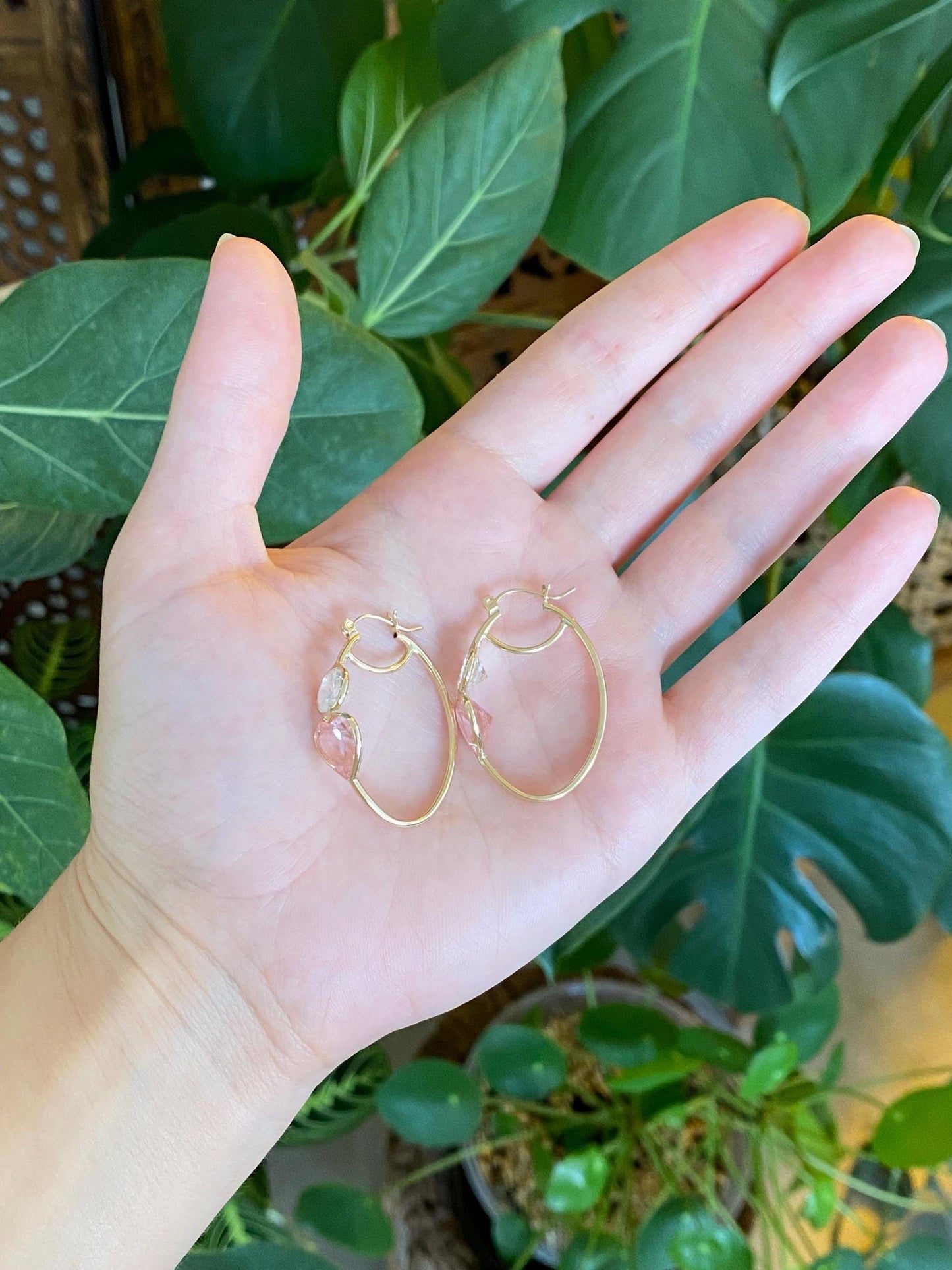 Vintage 14k Yellow Gold Pink & Clear Cubic Zirconia Heart Oval Hoop Earrings