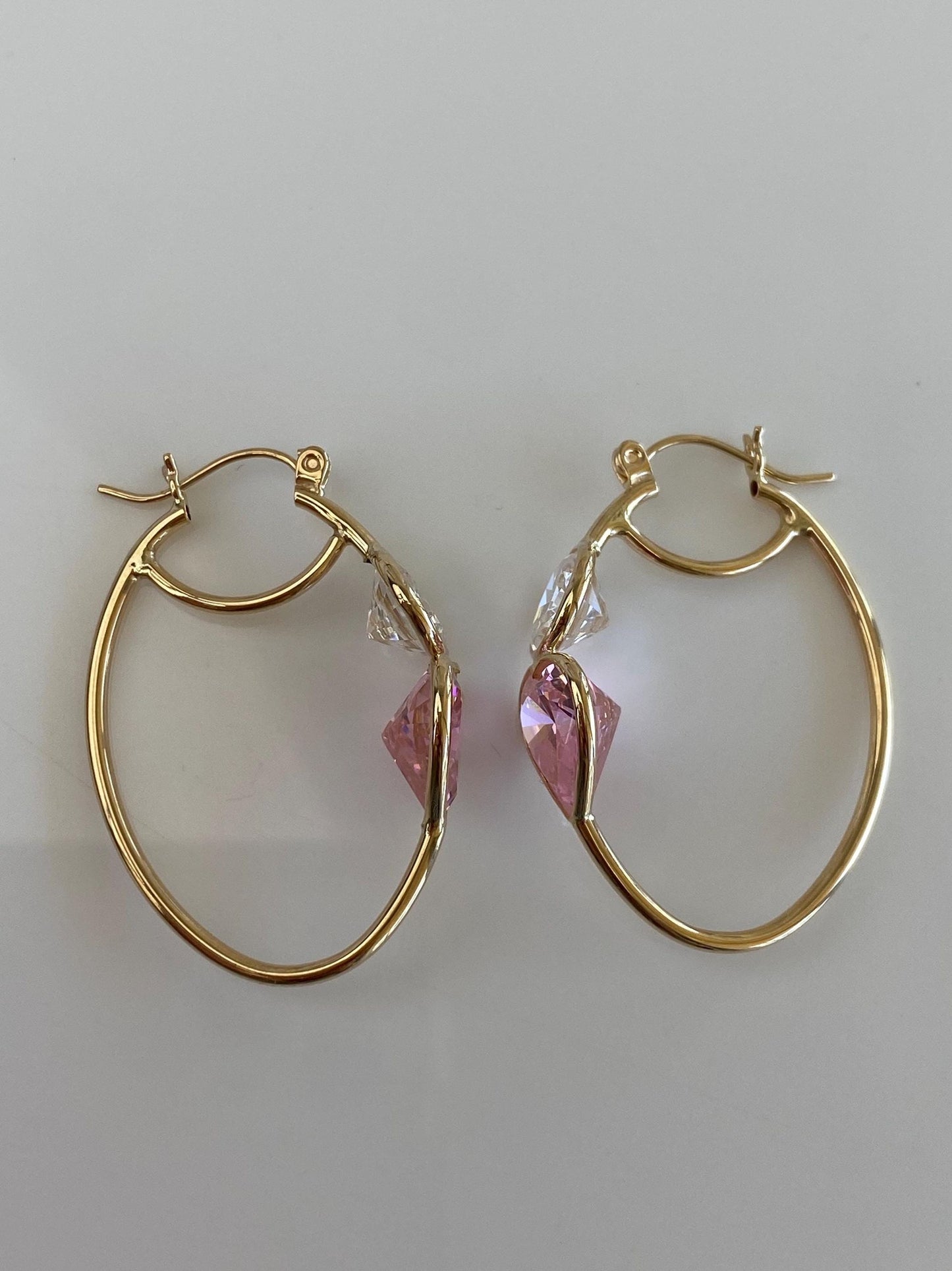 Vintage 14k Yellow Gold Pink & Clear Cubic Zirconia Heart Oval Hoop Earrings