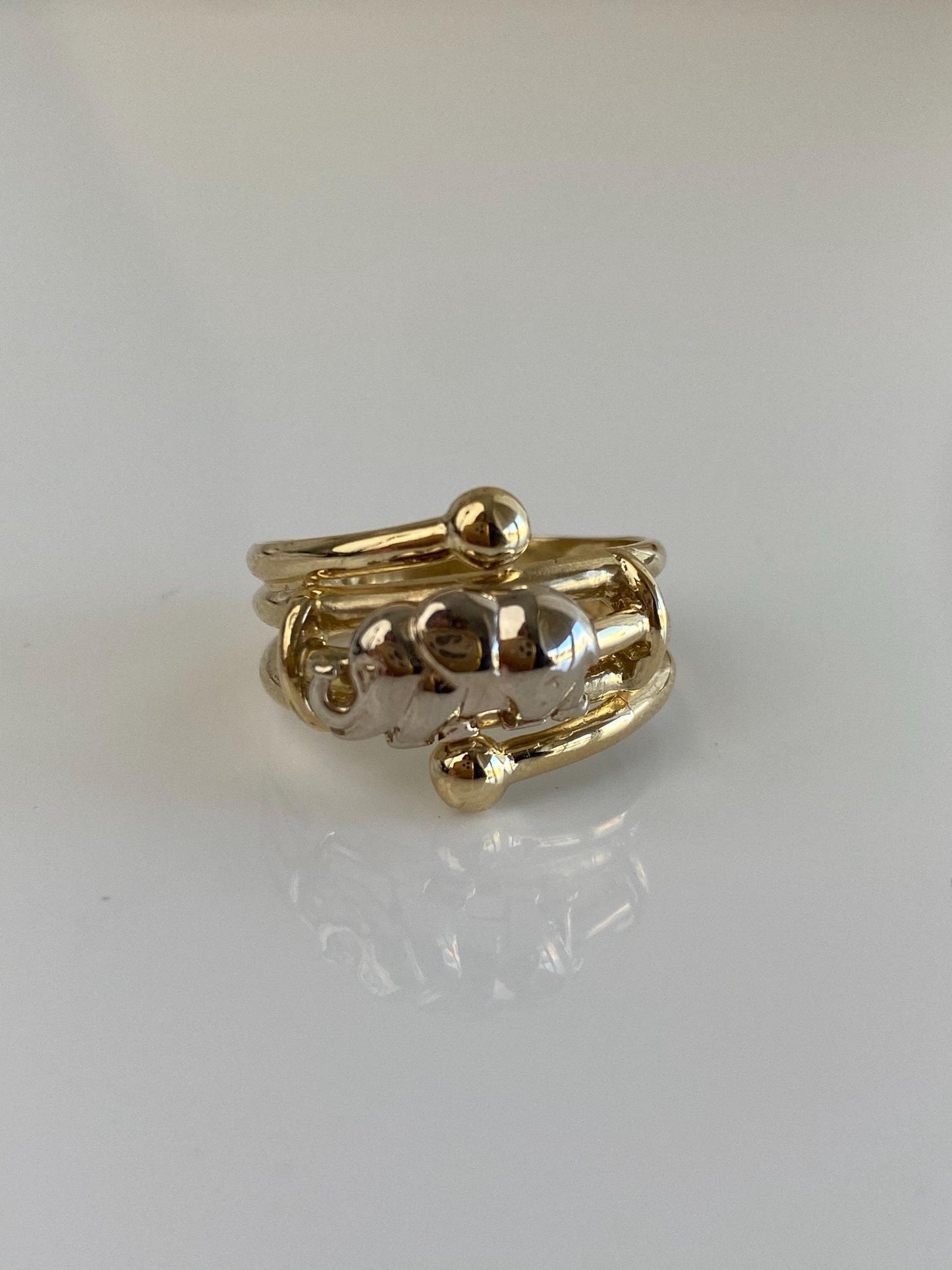 Vintage Solid 14k White & Yellow Gold Articulated Elephant Fidget Ring - Size 7.75