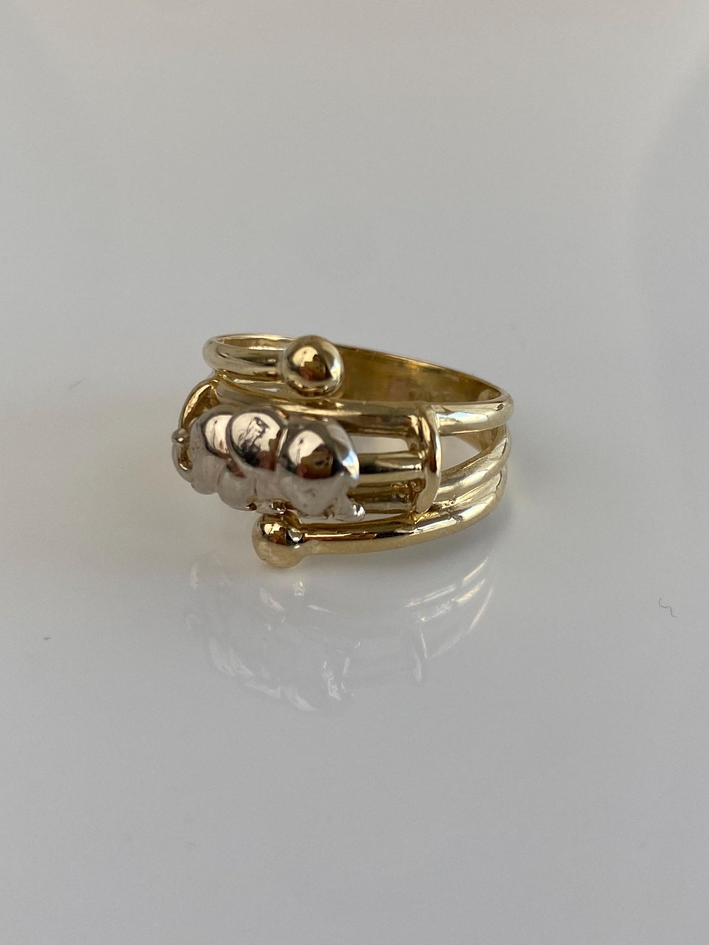 Vintage Solid 14k White & Yellow Gold Articulated Elephant Fidget Ring - Size 7.75