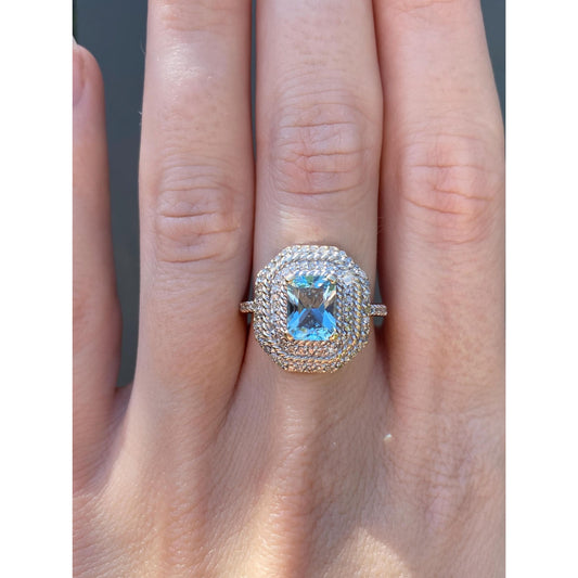 Vintage Solid 14k White & Yellow Gold Diamond Aquamarine Ring - Size 6.75