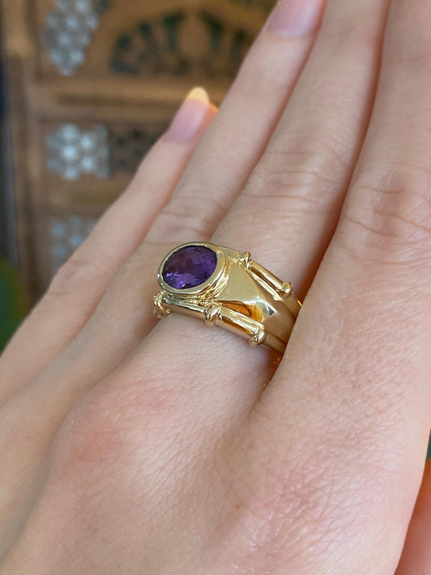 Vintage Solid 14k Yellow Gold Amethyst Ring - Size 8