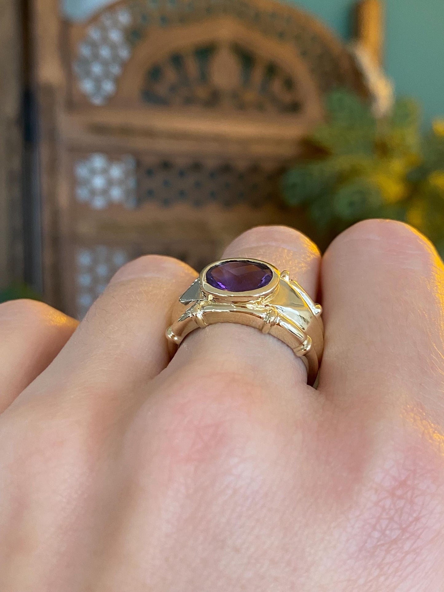 Vintage Solid 14k Yellow Gold Amethyst Ring - Size 8