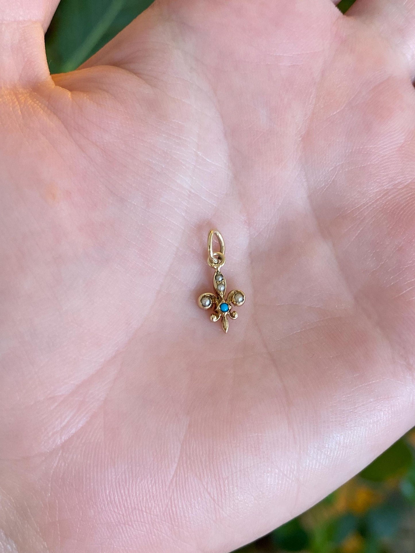 Vintage Solid 14k Yellow Gold Seed Pearl Turquoise Fleur-de-lis Charm