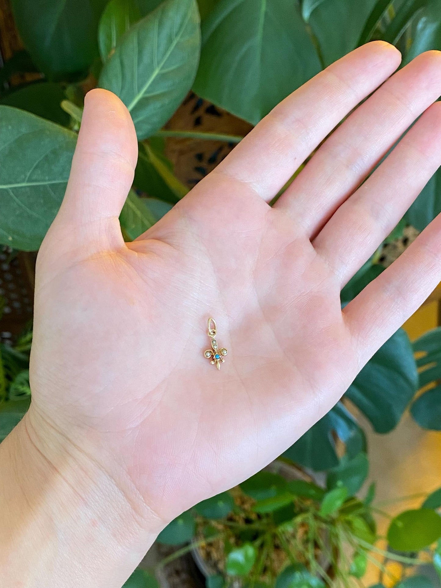 Vintage Solid 14k Yellow Gold Seed Pearl Turquoise Fleur-de-lis Charm
