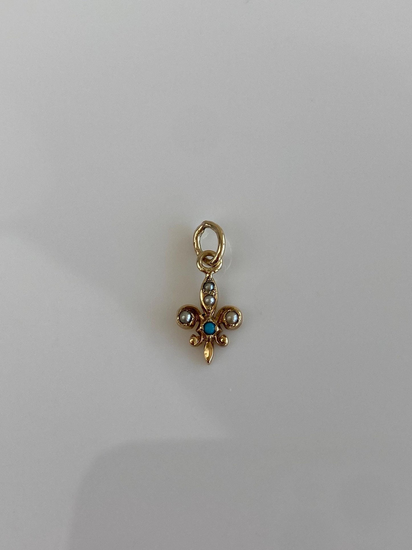 Vintage Solid 14k Yellow Gold Seed Pearl Turquoise Fleur-de-lis Charm