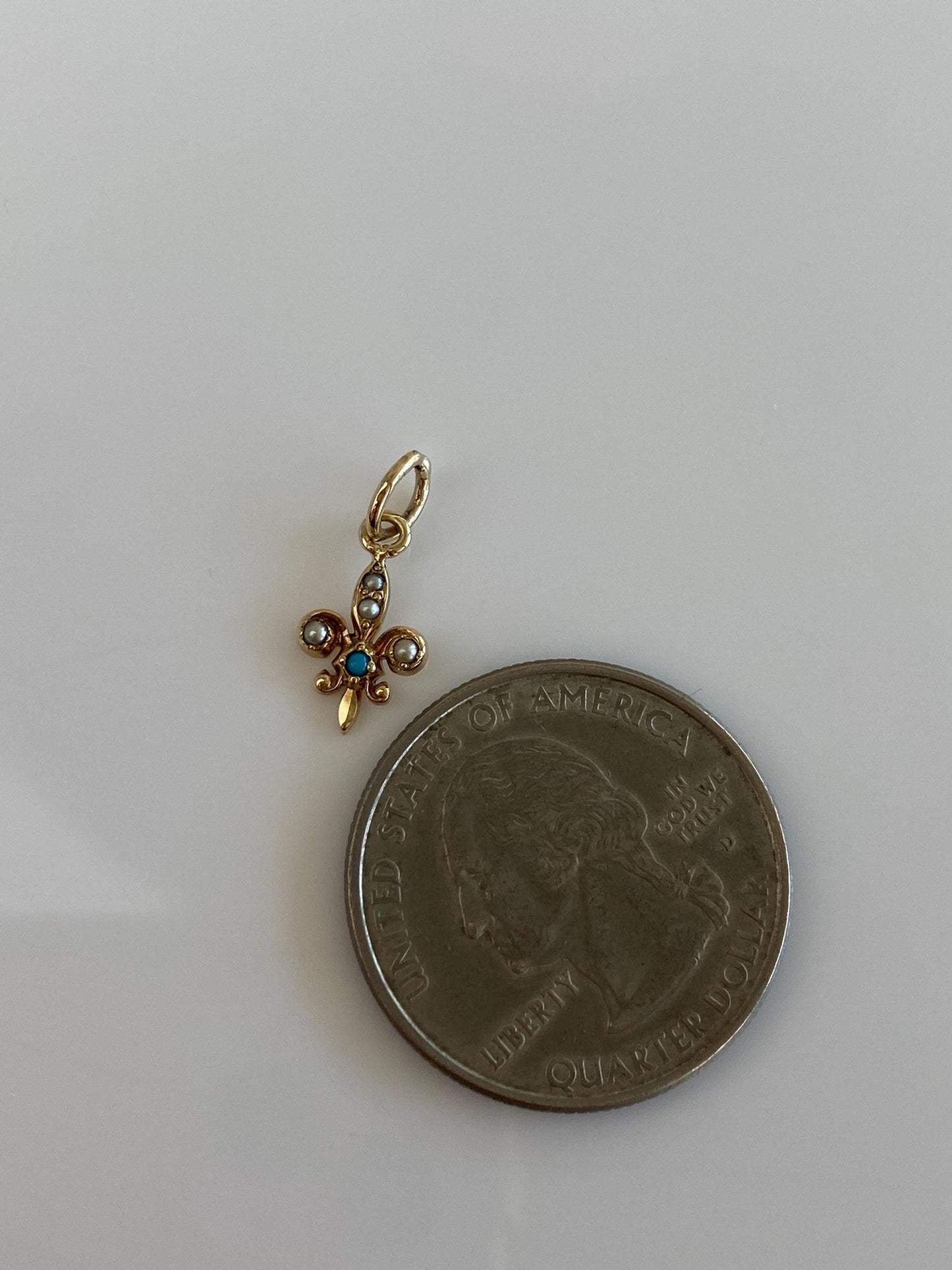 Vintage Solid 14k Yellow Gold Seed Pearl Turquoise Fleur-de-lis Charm