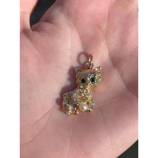 Vintage Solid 14k Yellow Gold Pearl Green Cubic Zirconia Playful Kitten Charm