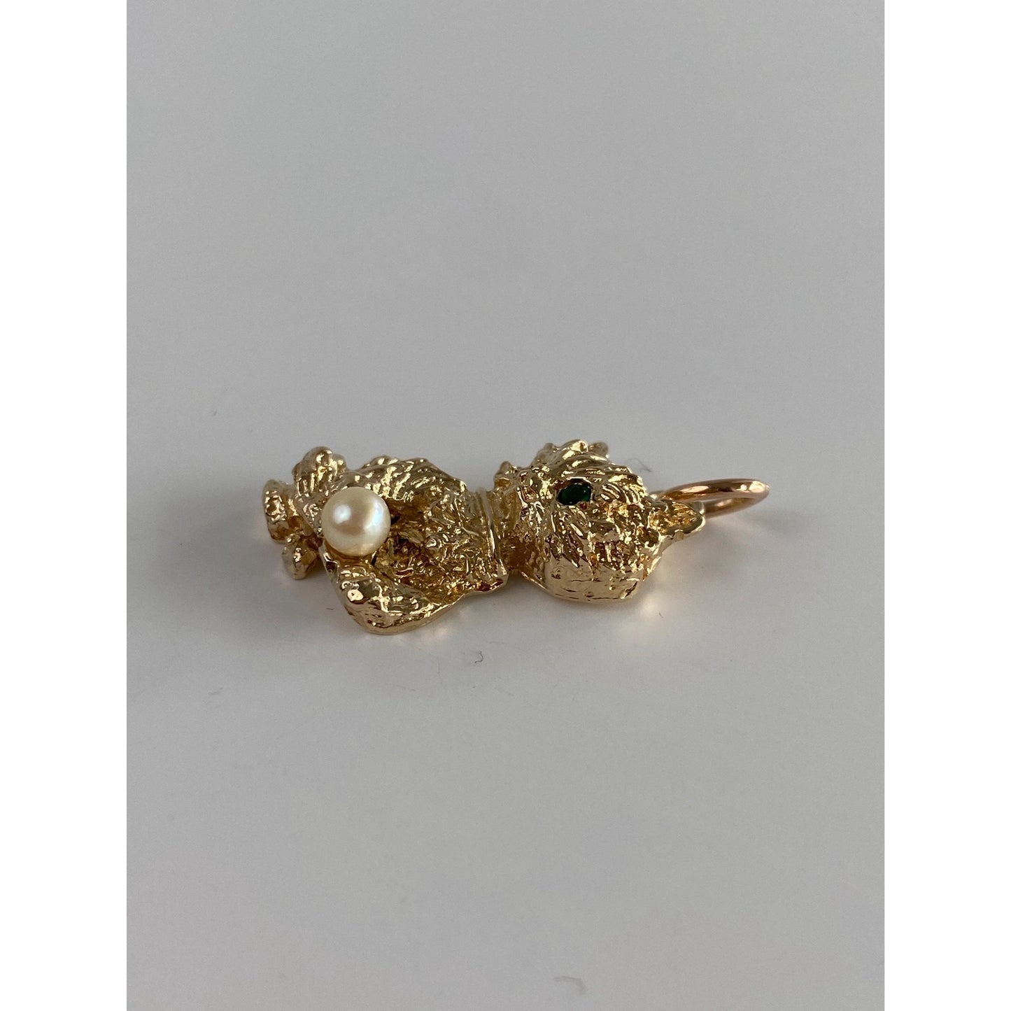 Vintage Solid 14k Yellow Gold Pearl Green Cubic Zirconia Playful Kitten Charm