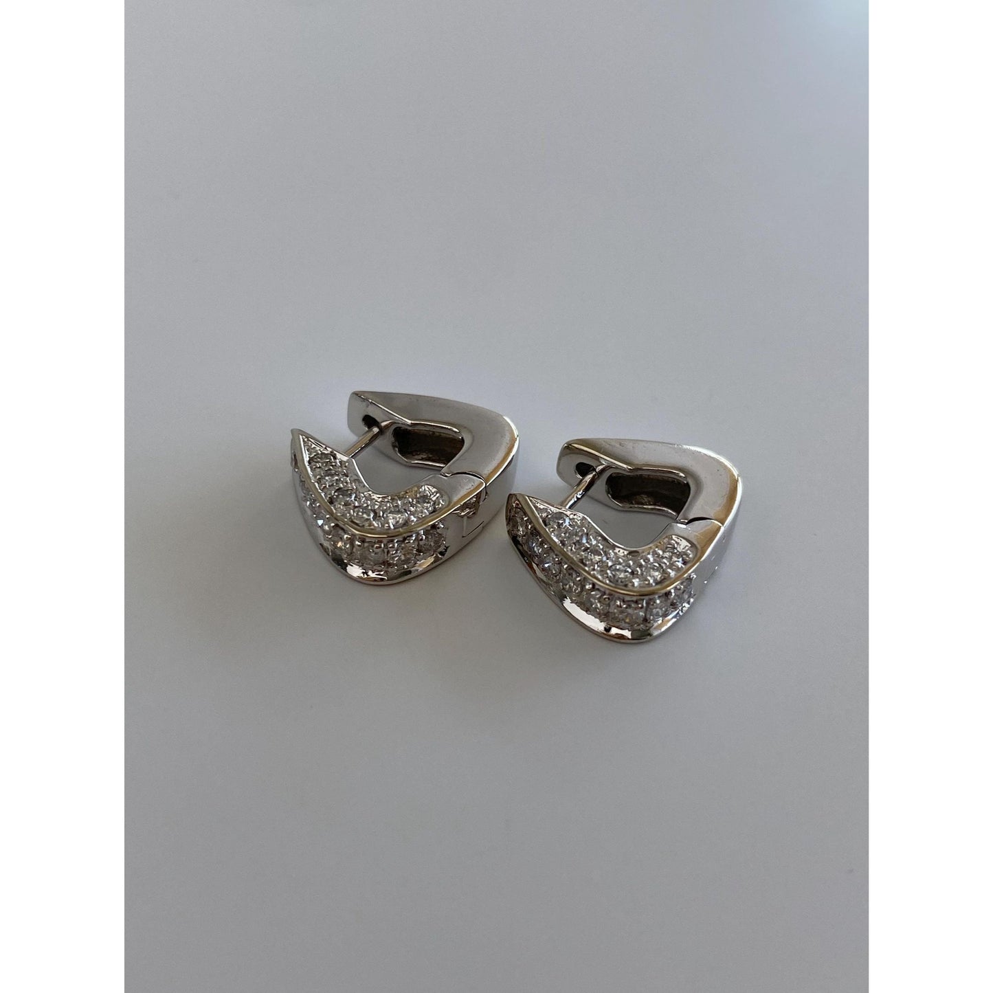 Vintage Solid 14k White Gold Clear Sapphire Hoop Earrings