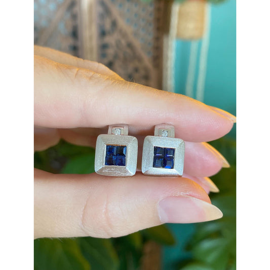 Vintage Solid 14k White Gold Diamond Blue Sapphire Stud Earrings