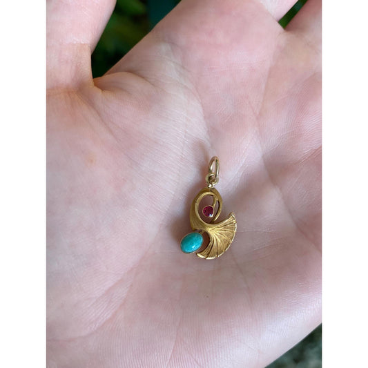 Solid 18k Yellow Gold Pink Cubic Zirconia Amazonite Leaf Charm