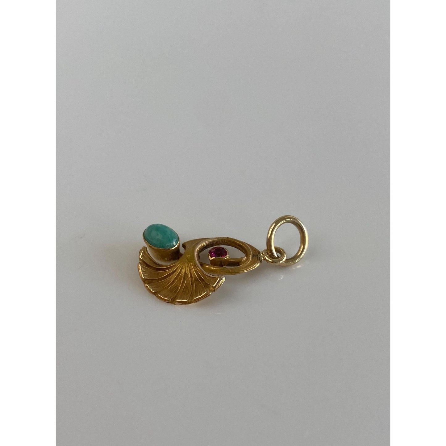Solid 18k Yellow Gold Pink Cubic Zirconia Amazonite Leaf Charm
