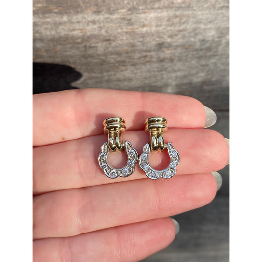 Solid 14k White & Yellow Gold Cubic Zirconia Door Knocker Stud Earrings