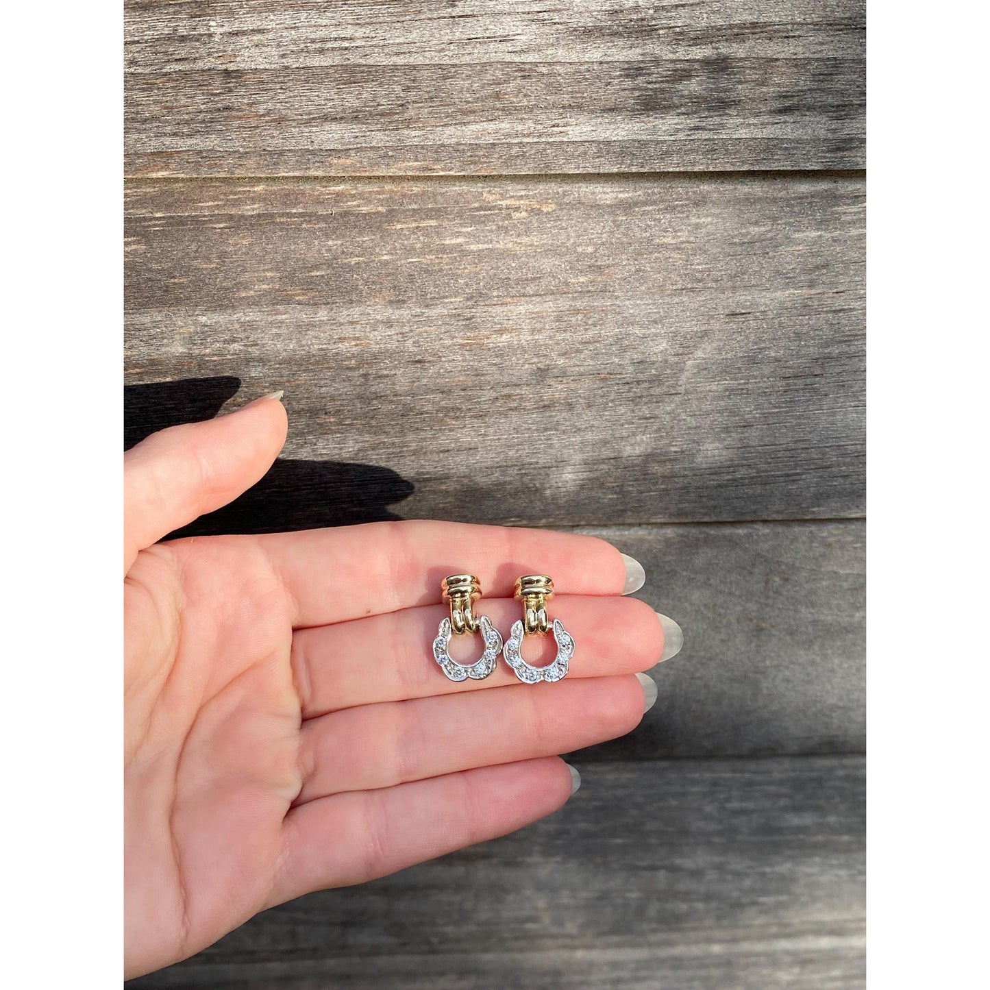 Solid 14k White & Yellow Gold Cubic Zirconia Door Knocker Stud Earrings