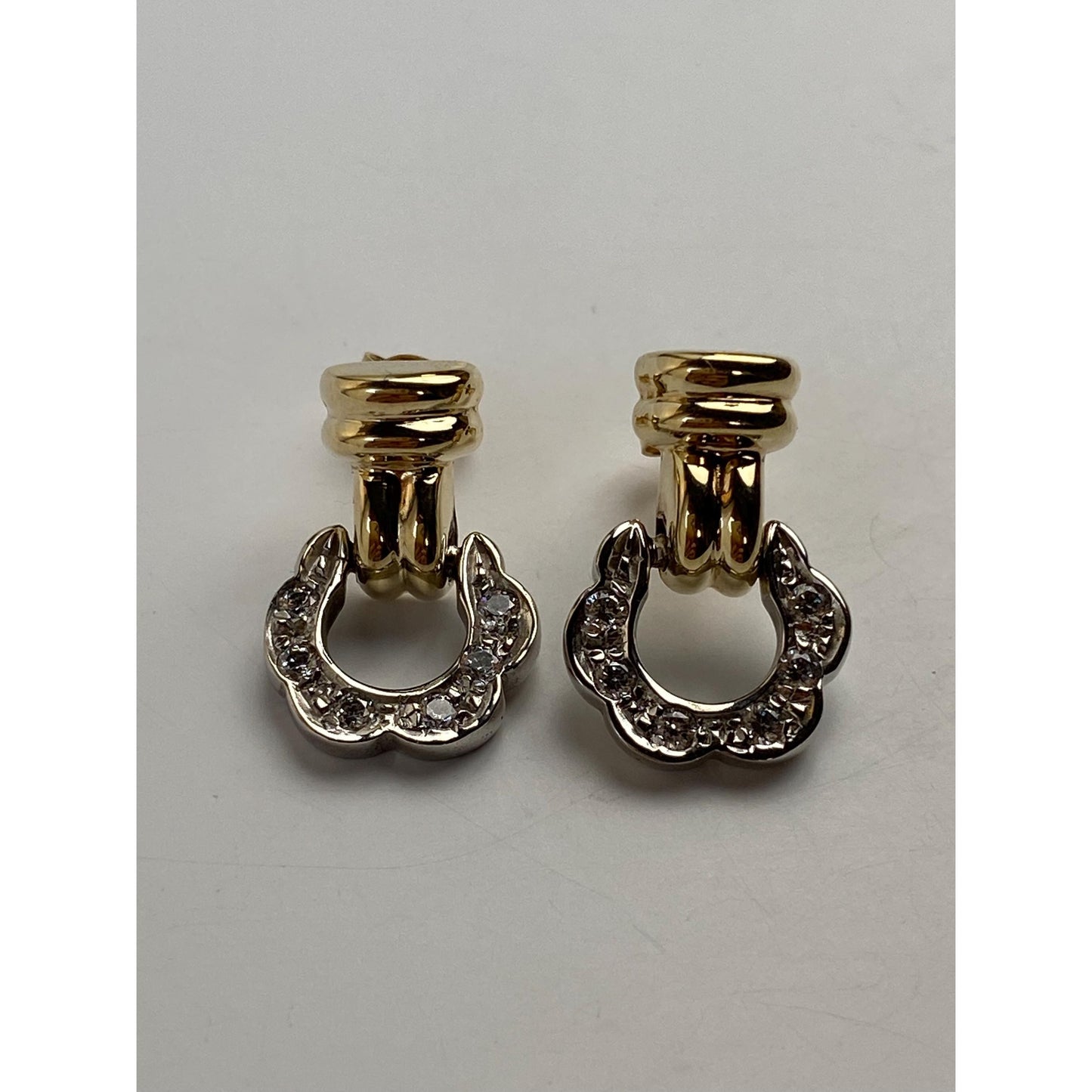 Solid 14k White & Yellow Gold Cubic Zirconia Door Knocker Stud Earrings