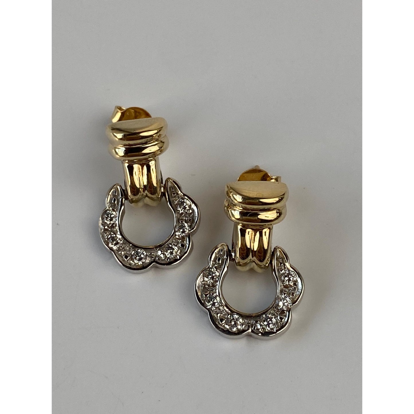 Solid 14k White & Yellow Gold Cubic Zirconia Door Knocker Stud Earrings