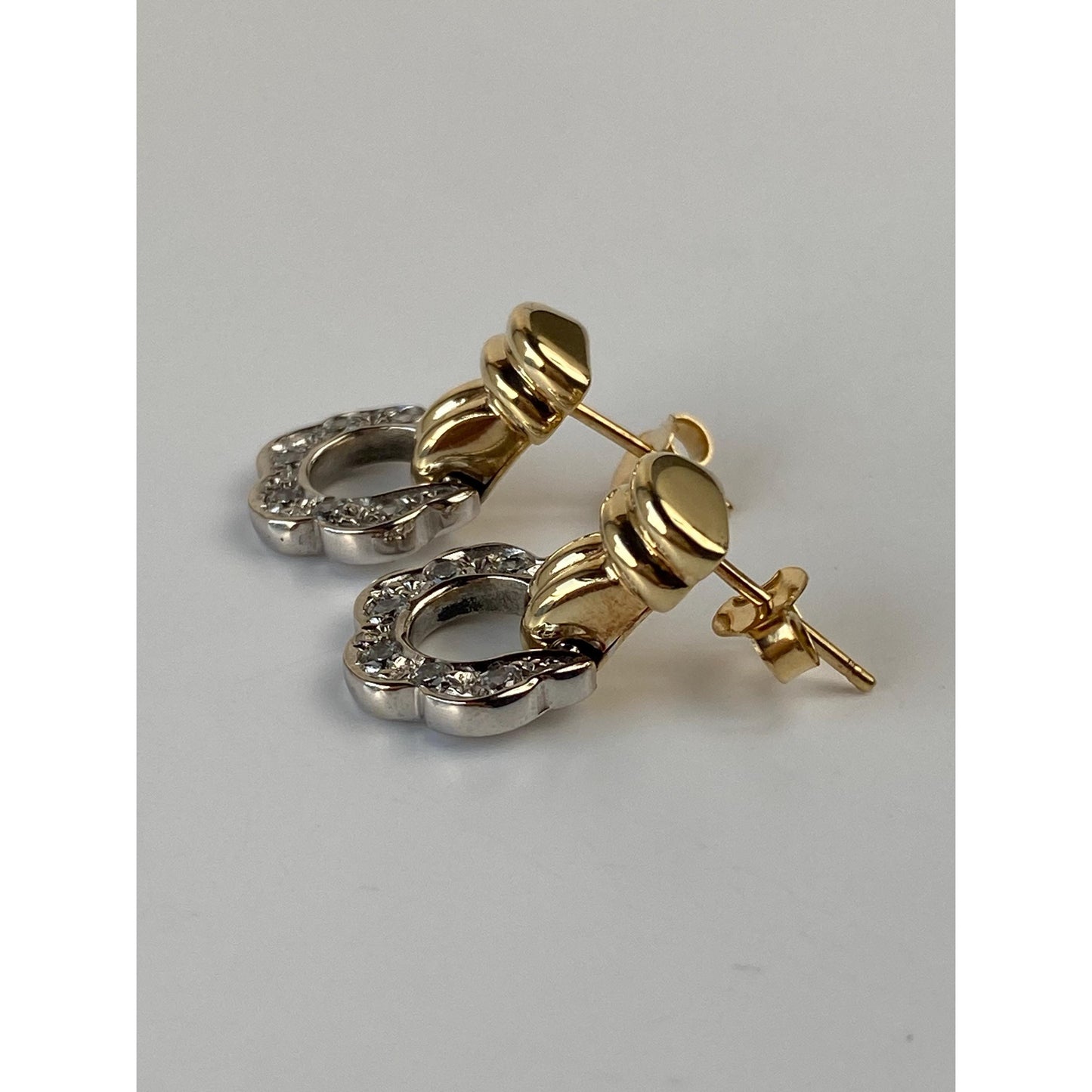 Solid 14k White & Yellow Gold Cubic Zirconia Door Knocker Stud Earrings