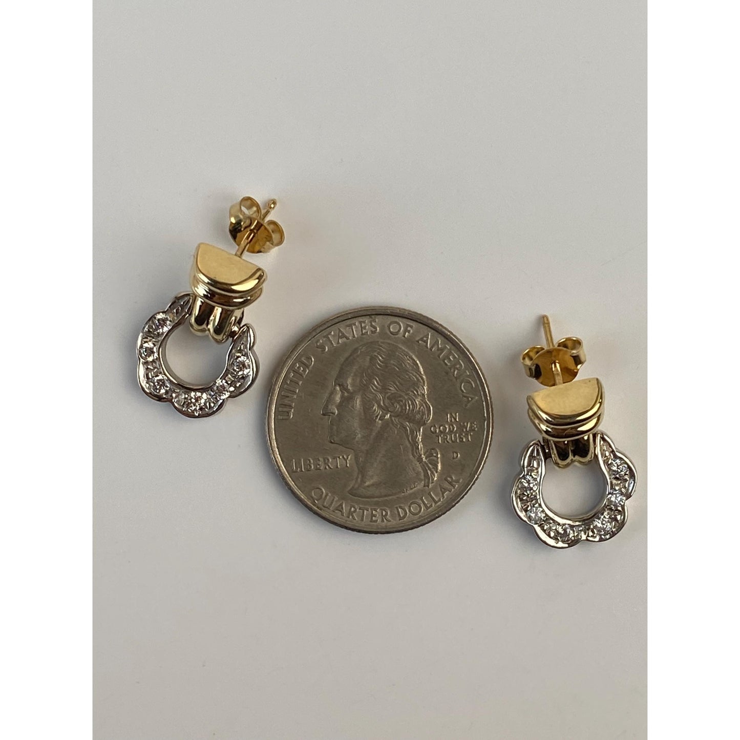 Solid 14k White & Yellow Gold Cubic Zirconia Door Knocker Stud Earrings