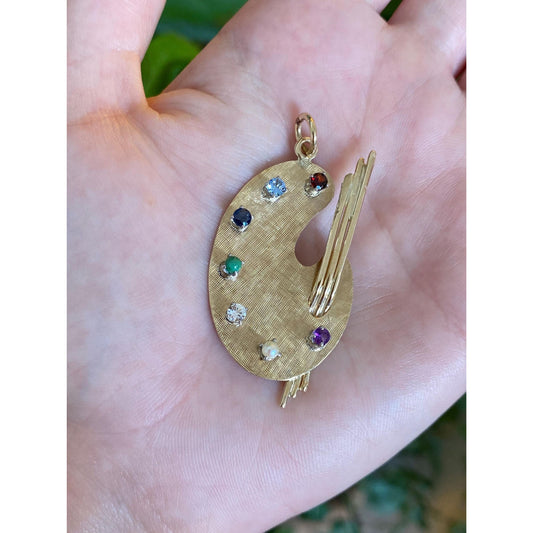 Solid 14k Yellow Gold Garnet Aquamarine Blue Spinel Turquoise Clear Quartz Pearl Artist Pallet Charm