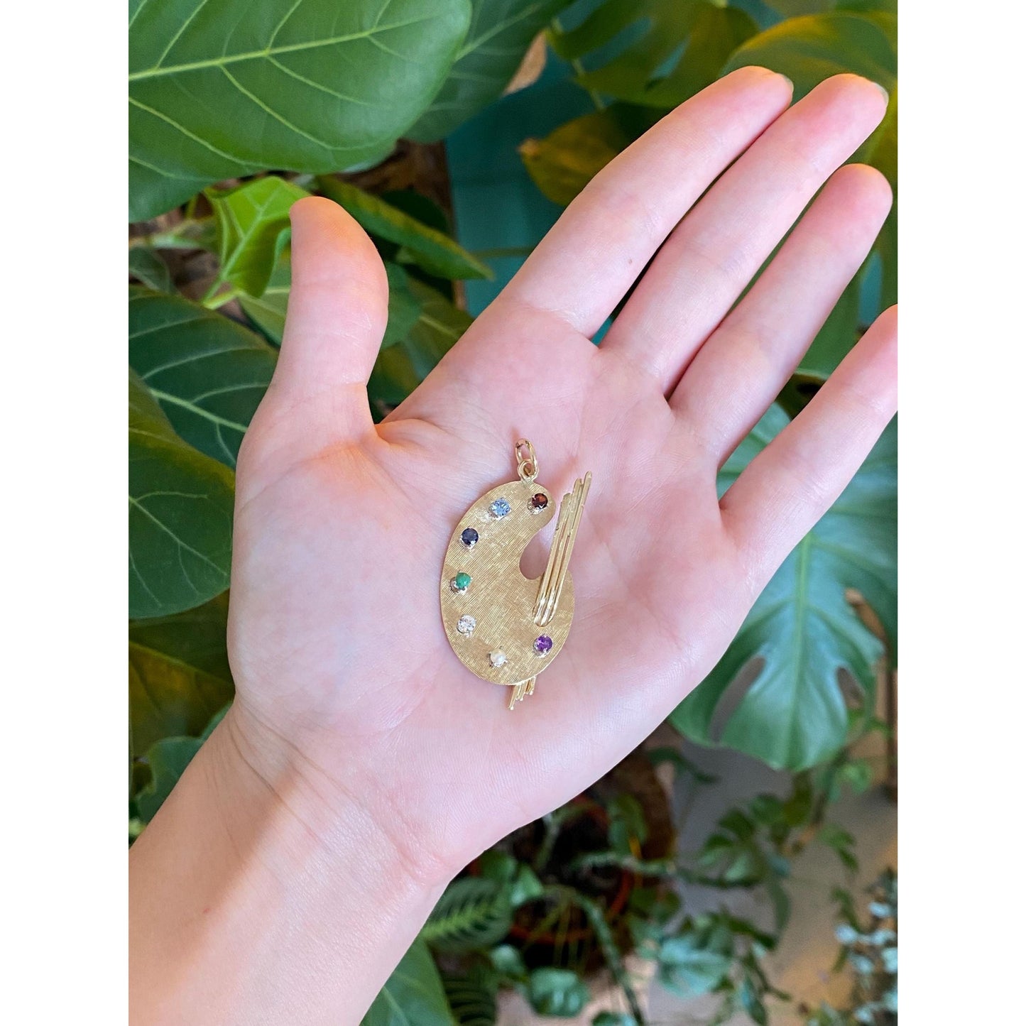 Solid 14k Yellow Gold Garnet Aquamarine Blue Spinel Turquoise Clear Quartz Pearl Artist Pallet Charm