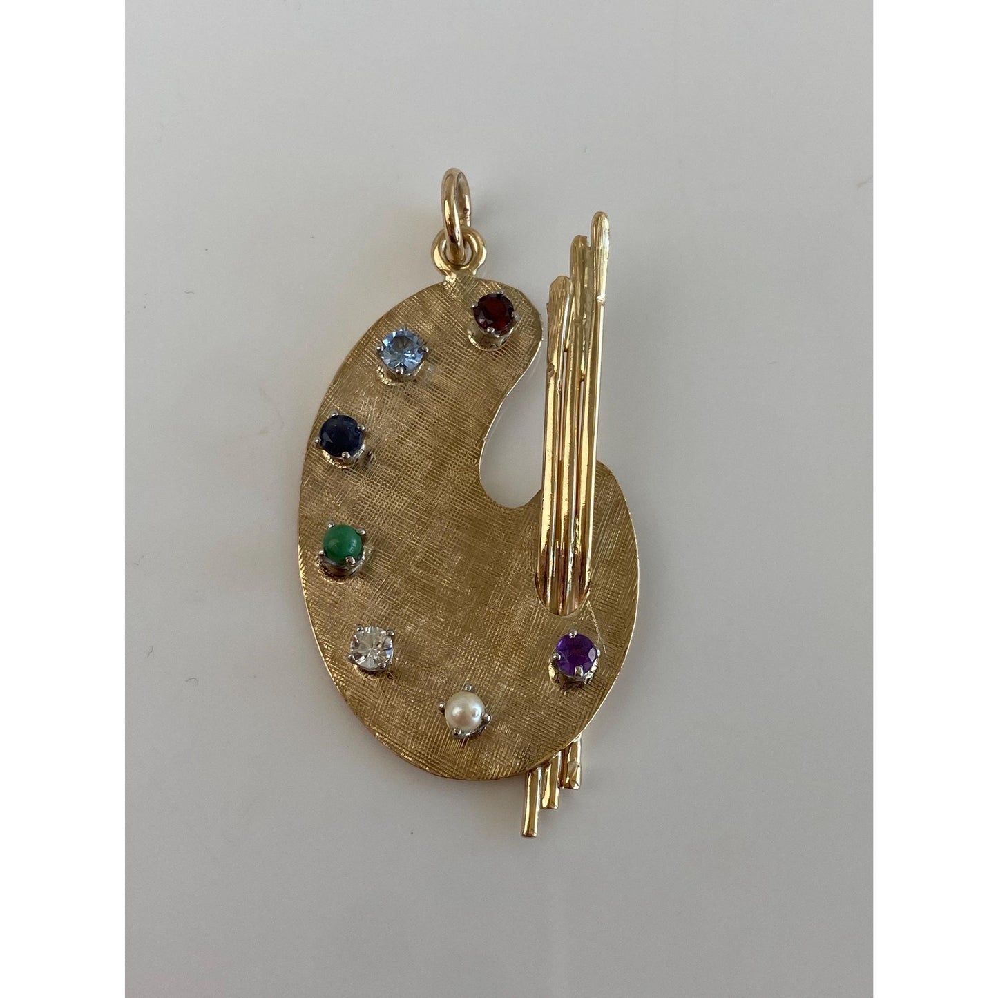 Solid 14k Yellow Gold Garnet Aquamarine Blue Spinel Turquoise Clear Quartz Pearl Artist Pallet Charm