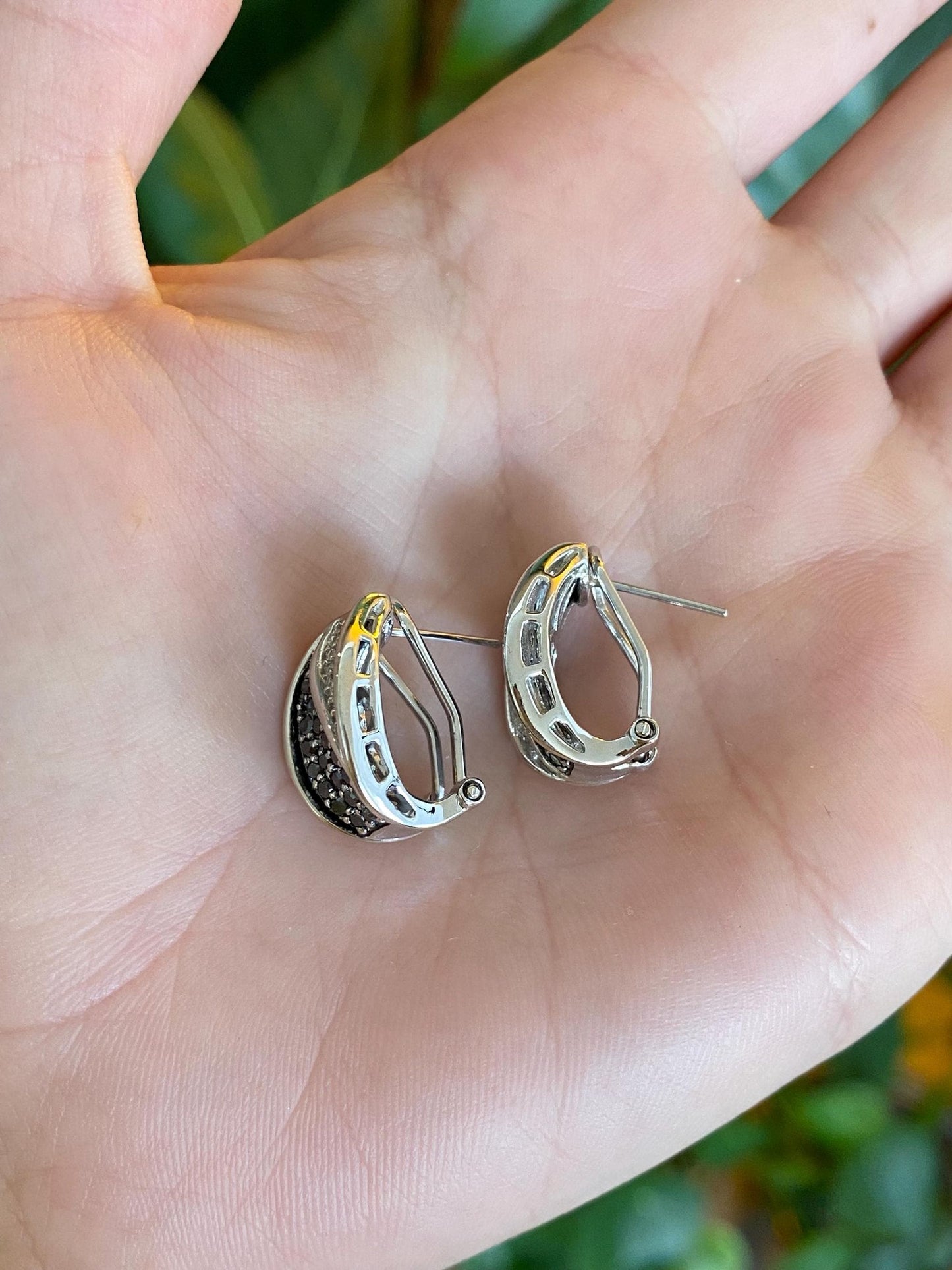 Vintage Solid 14k White Gold Clear Diamond & Hematite Drop Earrings