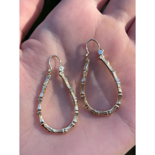 Vintage Solid 14k Yellow Gold Bamboo Teardrop Hoop Earrings