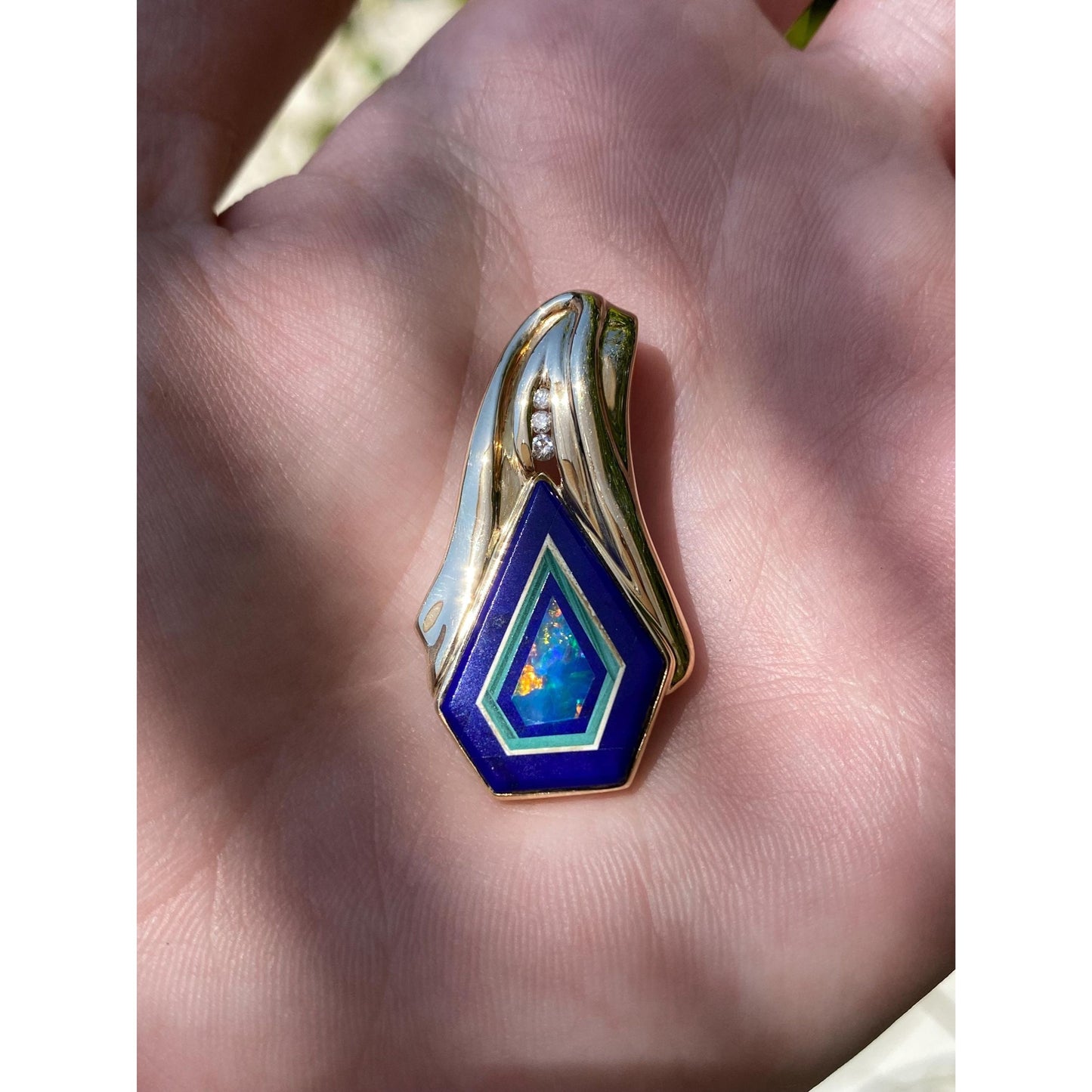 Solid 14k Yellow Gold Diamond Opal Lapis Inlay Slide Charm