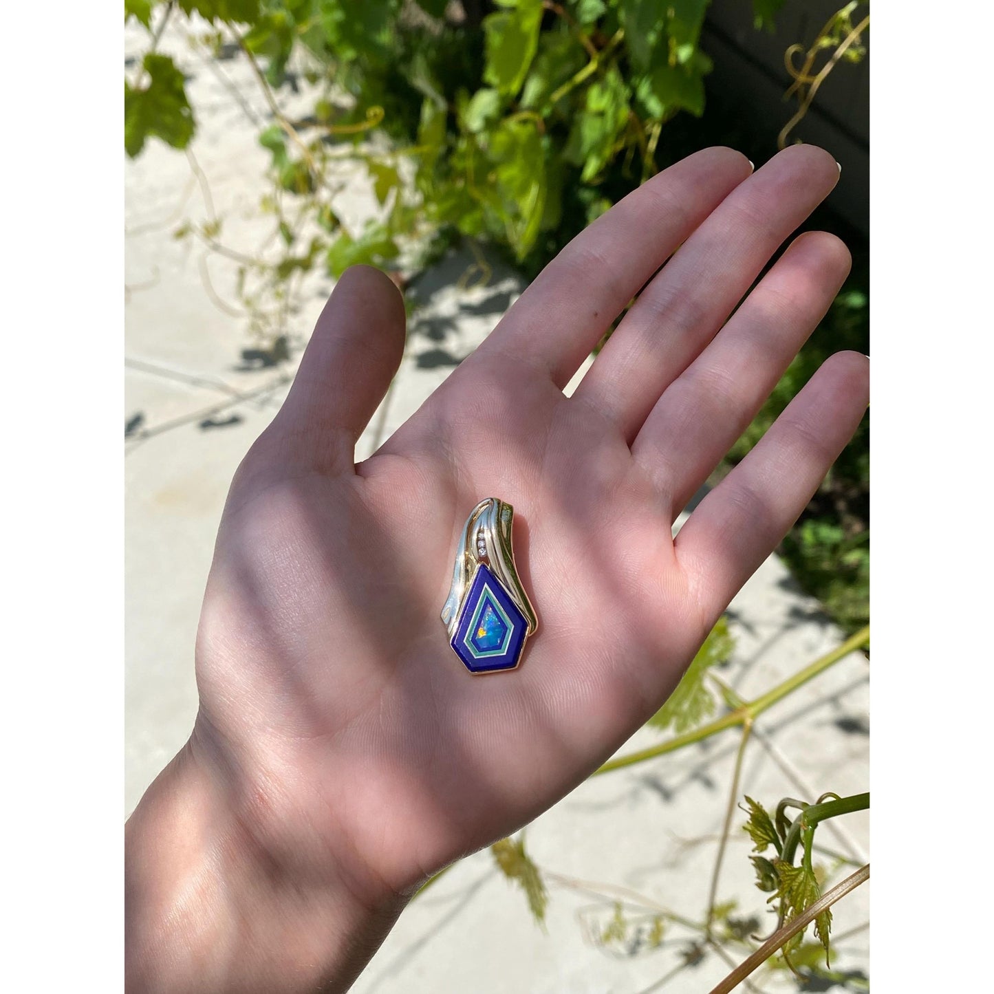 Solid 14k Yellow Gold Diamond Opal Lapis Inlay Slide Charm