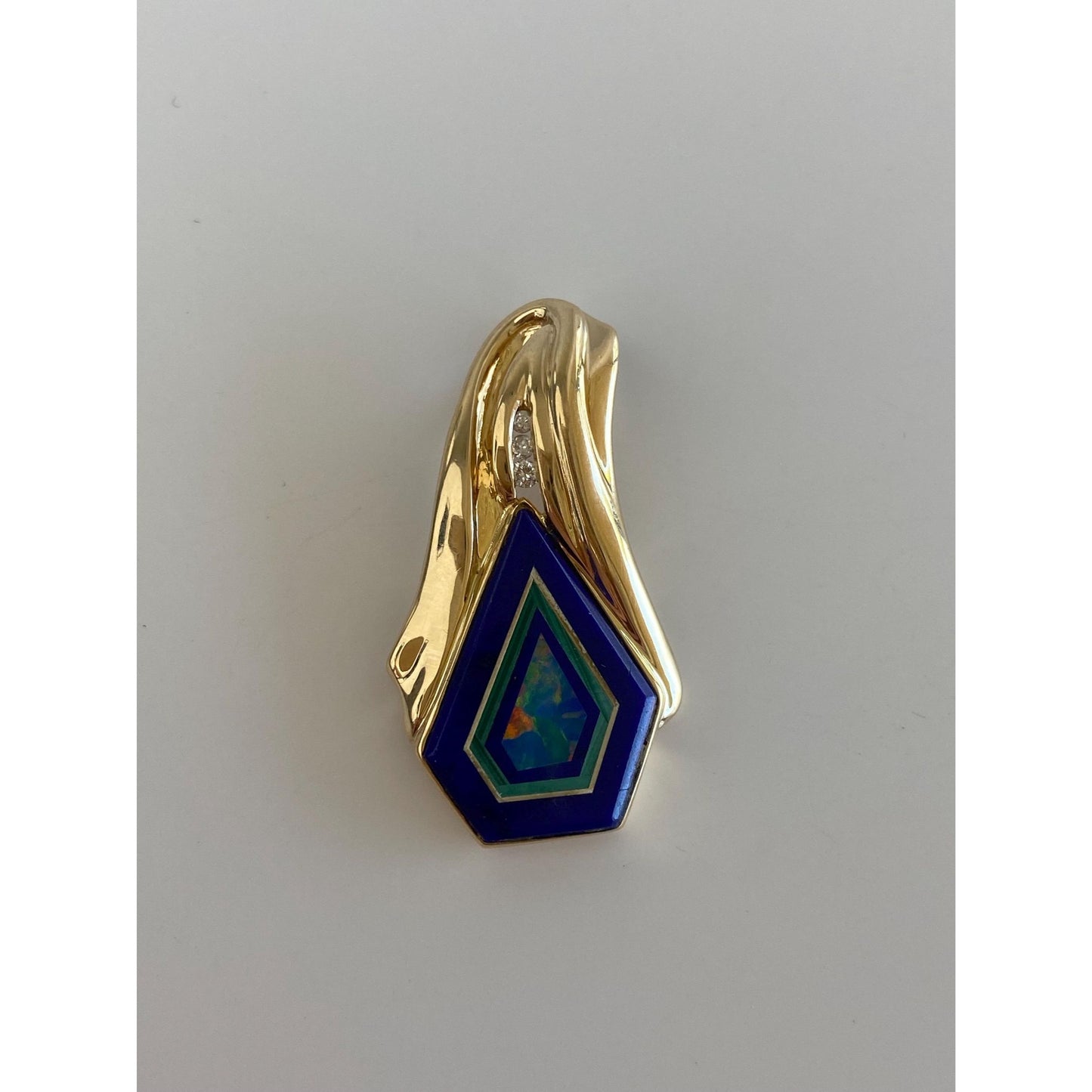 Solid 14k Yellow Gold Diamond Opal Lapis Inlay Slide Charm